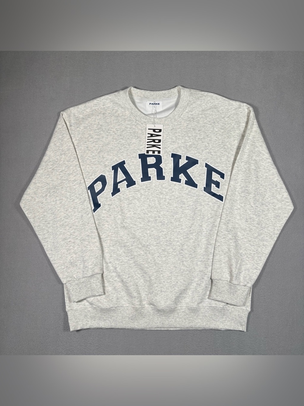 PARKE Varsity Crewneck Sweatshirt Women’s Large Grey Pullover Logo Fleece NWT